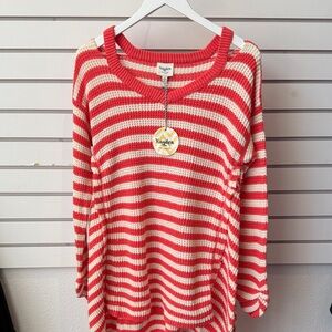 Hayden Vibrant Coral and Cream Striped Knit Sweater.